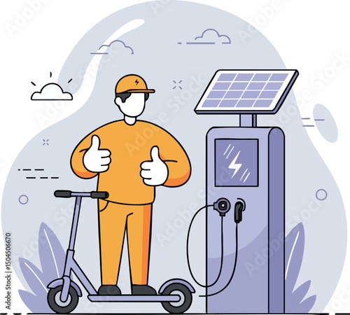 Electric scooter charging station with worker in orange safety outfit and solar panel energy vector illustration 