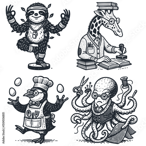 Vector set: whimsical sloth yogi, giraffe clerk stamping, penguin chef juggling, octopus tailor sewing. Anthropomorphic animals in B&W engraving style.