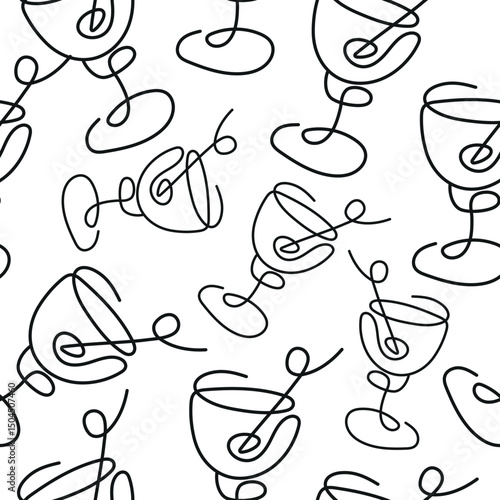 seamless pattern with a figured martini glass with an olive inside drawn with several lines in line art style arranged randomly