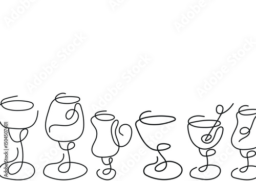 poster of various icons with glasses for various drinks drawn with several lines in line art style