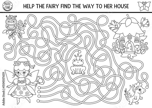 Black and white maze for kids with flower fairy going to her house. Fairytale princess printable activity, coloring page. Magic forest, woodland labyrinth game, puzzle with dragon, frog prince, owl