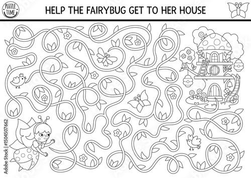 Black and white maze for kids with fairy bug going to her house by tree branches. Fairytale princess line printable activity, coloring page. Magic forest, woodland labyrinth game, puzzle