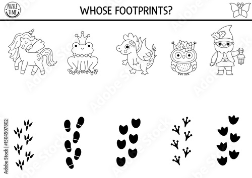 Woodland fairy black and white matching activity with magical creatures and their footprints. Fantasy forest puzzle with unicorn, dragon, frog prince, owl, dwarf. Fairytale coloring page, game