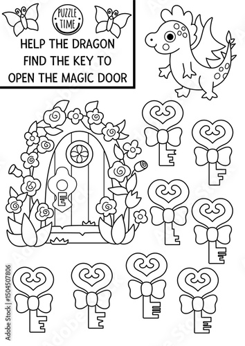 Woodland fairy black and white matching activity with dragon and key to open magic door. Magic forest puzzle with fantasy animal. Fairytale coloring page, game with enchanted garden lock