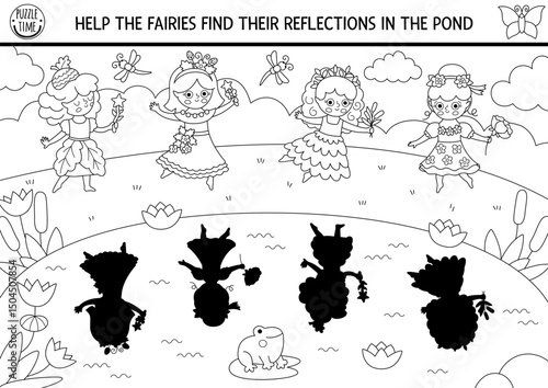 Woodland fairy black and white shadow matching activity with girls and reflections in water. Magic forest puzzle with cute berry, acorn, flower princess. Find correct silhouette coloring page