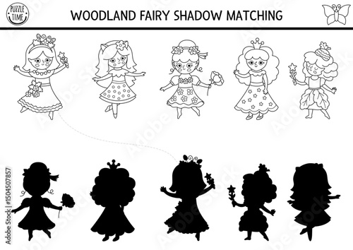 Woodland fairy black and white shadow matching activity. Magic forest puzzle with berry, flower, acorn princess. Find correct silhouette printable worksheet, game. Fairytale fantasy coloring page