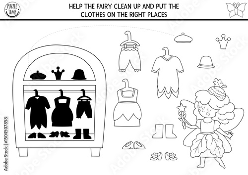 Woodland fairy black and white shadow matching activity with girl, dress, wardrobe. Magic forest puzzle with acorn princess. Find correct silhouette coloring page. Put clothes on right places