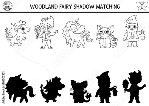 Woodland fairy black and white shadow matching activity with fantasy creature. Magic forest puzzle with unicorn, dwarf, elf. Find correct silhouette printable worksheet. Fairytale coloring page
