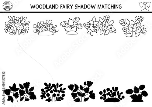 Woodland fairy black and white shadow matching activity with berries. Magic forest puzzle with strawberry. Find correct silhouette printable worksheet, game. Fairytale coloring page