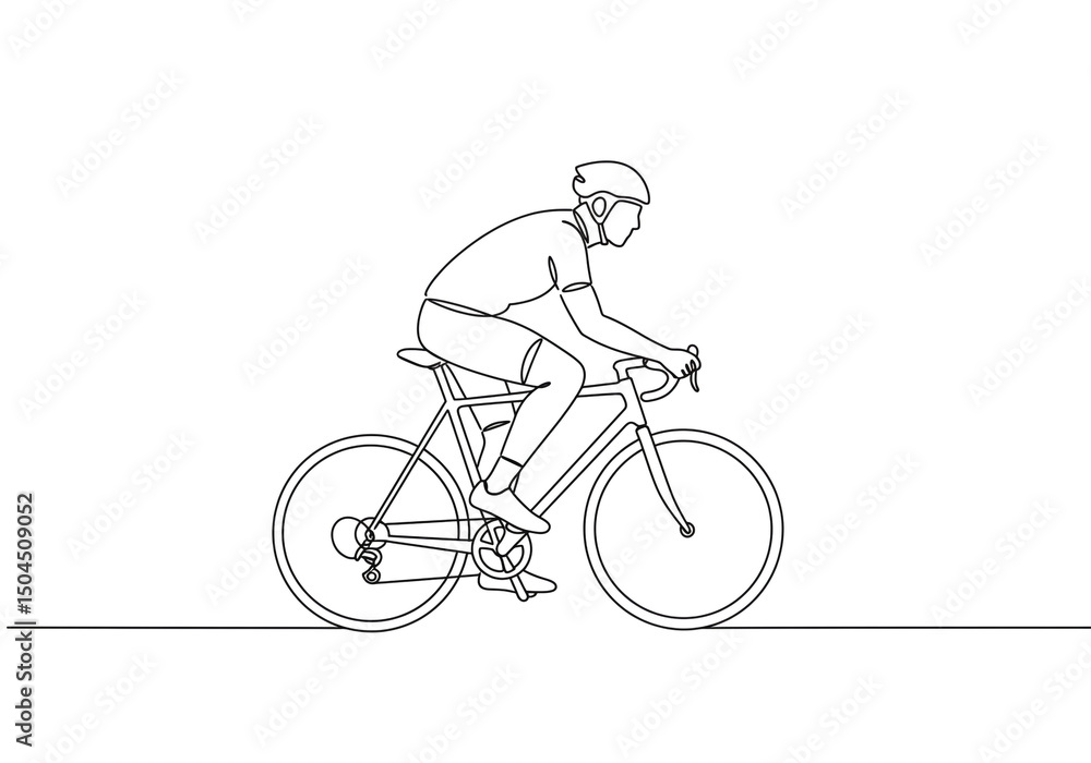 Obraz premium Continuous line drawing of cyclist riding bicycle wearing helmet and sportswear on a white background