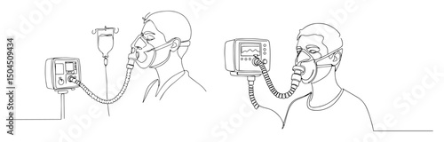 respiratory test line art patient with oxygen mask and monitoring device minimal vector illustration