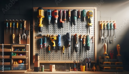 Set of colorful drills hanging on a pegboard in a clean, organized workshop, shot with side lighting and minimal shadows.