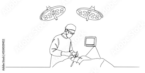 veterinary surgery line art doctor operating on animal under lamp minimal vector illustration