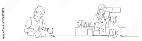 veterinary visit line art dog and cat examination by female vet minimal vector illustration