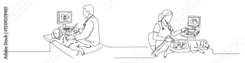 veterinary ultrasound line art pet examination with ultrasound scan minimal vector illustration