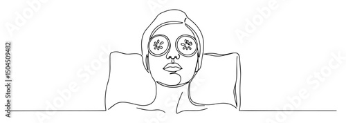 beauty treatment line art woman with facial mask and cucumber slices minimal vector illustration
