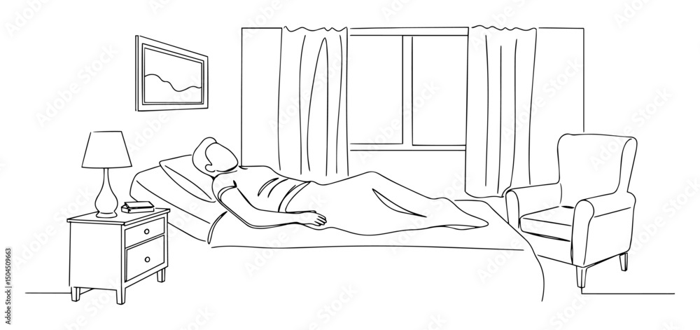 Fototapeta premium person sleeping peacefully in cozy bedroom linear vector artwork