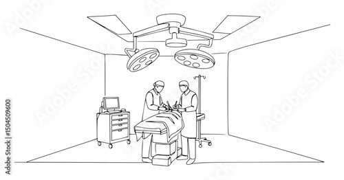 surgical operation in modern hospital room high-contrast linework creating optical depth through overlapping vector paths