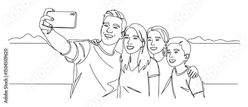 family taking selfie on vacation fluid one-line design in a sleek black-and-white style