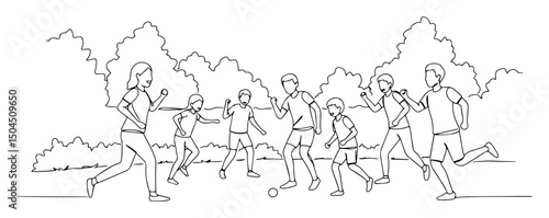 group of people jogging together in park linear abstract art using minimal lines and clean curves