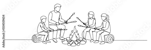 family roasting marshmallows at campfire hand-drawn monoline art
