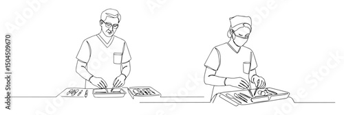 chefs preparing food with attention to plating minimal contour-based artwork