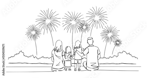 family watching fireworks together at night lineart with a clean aesthetic