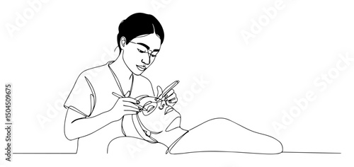 beauty specialist performing eyelash extension minimal hand-drawn one-line art in elegant salon setting