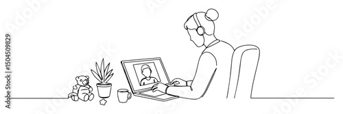 woman video calling loved one from home office abstract monoline drawing clean modern vector line art