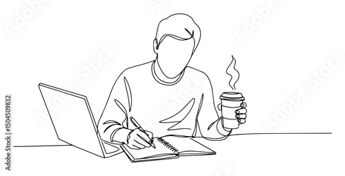 freelancer writing at laptop with hot coffee abstract monoline drawing clean modern vector line art