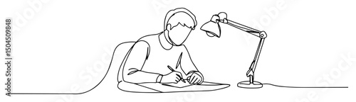 boy writing homework at desk with lamp abstract linear design
