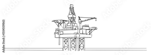 offshore oil platform with helipad and crane abstract monoline drawing clean modern vector line art