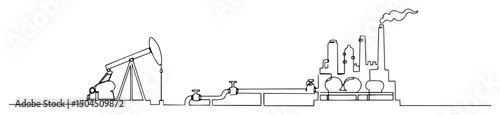 oil pumpjack and refinery installation abstract continuous line vector drawing in minimalist modern black style