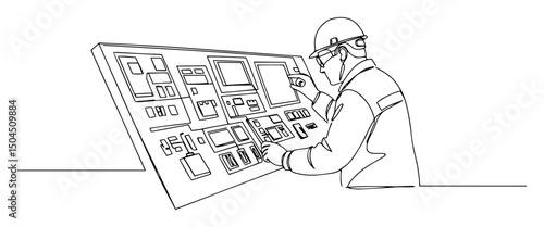engineer operating digital control panel abstract linear representation using a single continuous stroke in black ink