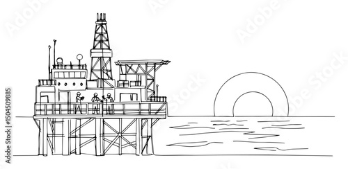 offshore oil platform at sunset abstract continuous-line silhouette