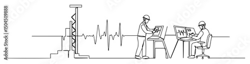 geophysicists analyzing seismic data in control room abstract continuous line vector drawing in minimalist modern black style