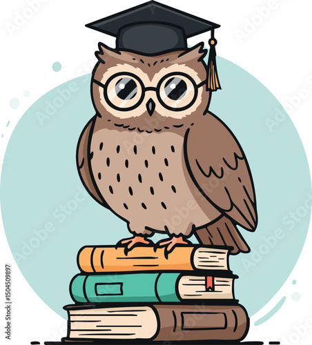 Wise owl wearing graduation cap standing on stack of colorful books vector illustration education concept 