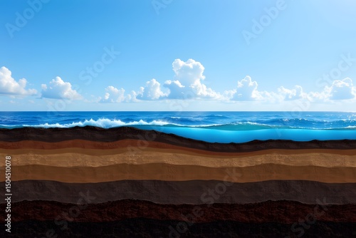 Coastal Layers of the Ocean:  An illustrative image depicting the layers beneath the ocean, featuring the blue sky, ocean and the earth. The layers represent a cross-section.