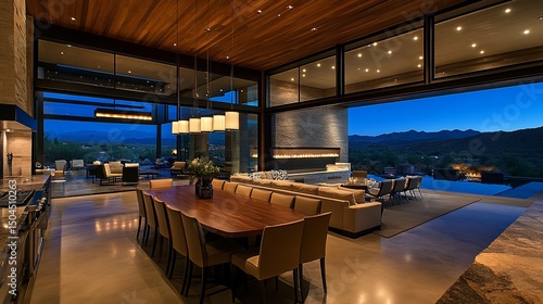Open-plan luxury home with stunning mountain views, featuring a large dining table, sleek kitchen, and expansive living area