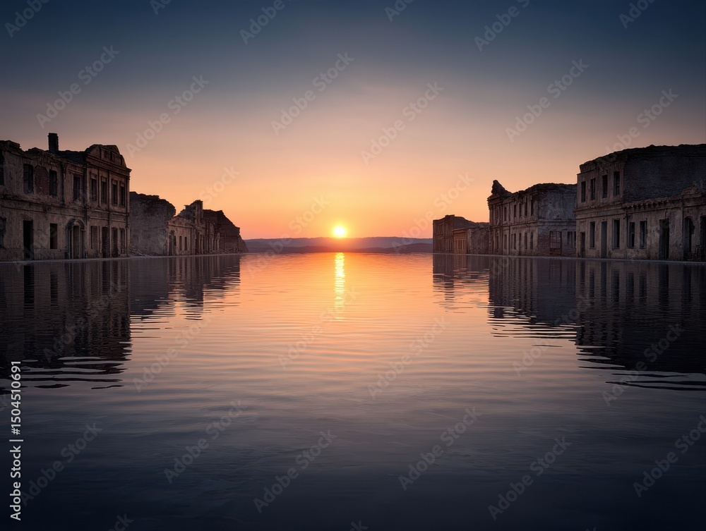 Fototapeta premium Surreal sunset over a flooded, abandoned architectural landscape.