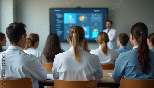 Doctors, students attend medical conference lecture in hospital. Health professionals discuss medical topics, innovative tech solutions. Education, training in healthcare industry. Medical learning,