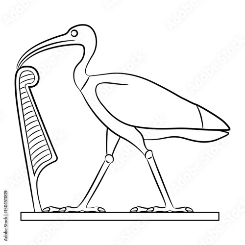 Ancient Egyptian god Thoth as sacred ibis holding Maat feather. Ancient ethnic mythological symbol. Black and white linear silhouette.
