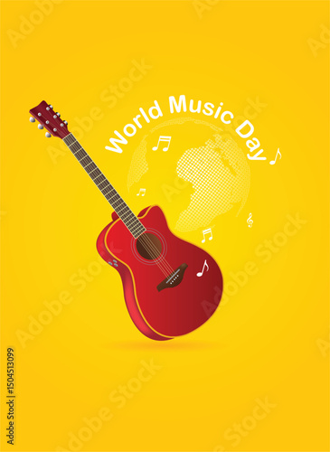 World Music Day June 21 music instrument with world dotted map vector poster