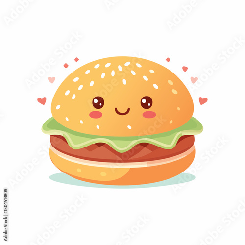Mini Kawaii Burger – Flat 2D Cartoon Vector