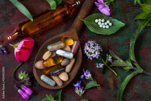Natural supplements and herbs on a wooden spoon