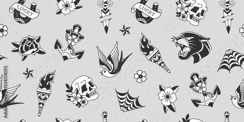 Perfect Old School tattoo in Tradition style seamless pattern design for apparel print design - vector endless background