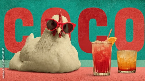 Wallpaper Mural Trendy Chicken with Sunglasses and Cocktails in Vintage Pop Art Style Torontodigital.ca
