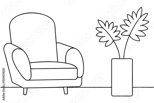 Vector Line Art of Armchair and Vase on Table