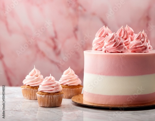 Close-up of pale pink and white birthday cake and pale pink cupcakes on pale pink marble background. Generated image