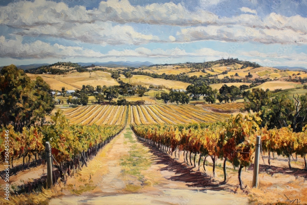 Naklejka premium Explore beautiful vineyards in South Australia with rolling hills and expansive landscapes during sunny daylight, South Australia vineyards Beautiful australian countryside